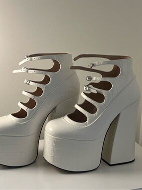 Marc Jacobs White Croc-Embossed Multi-Strap Platform Heels